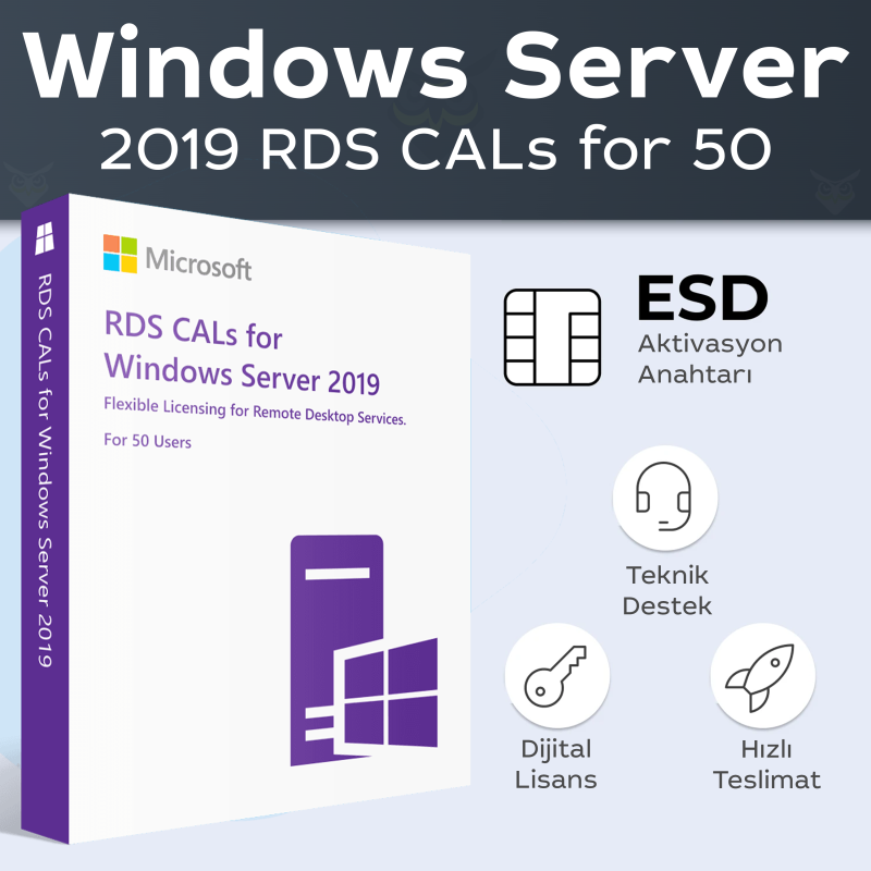 Microsoft Windows Server 2019 RDS CALs 50 Kullanıcı dijital lisans anahtarı