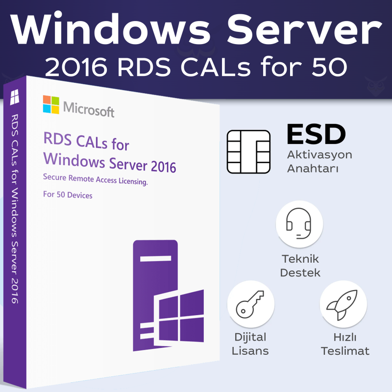 Microsoft Windows Server 2016 RDS CALs 50 Cihaz dijital lisans anahtarı