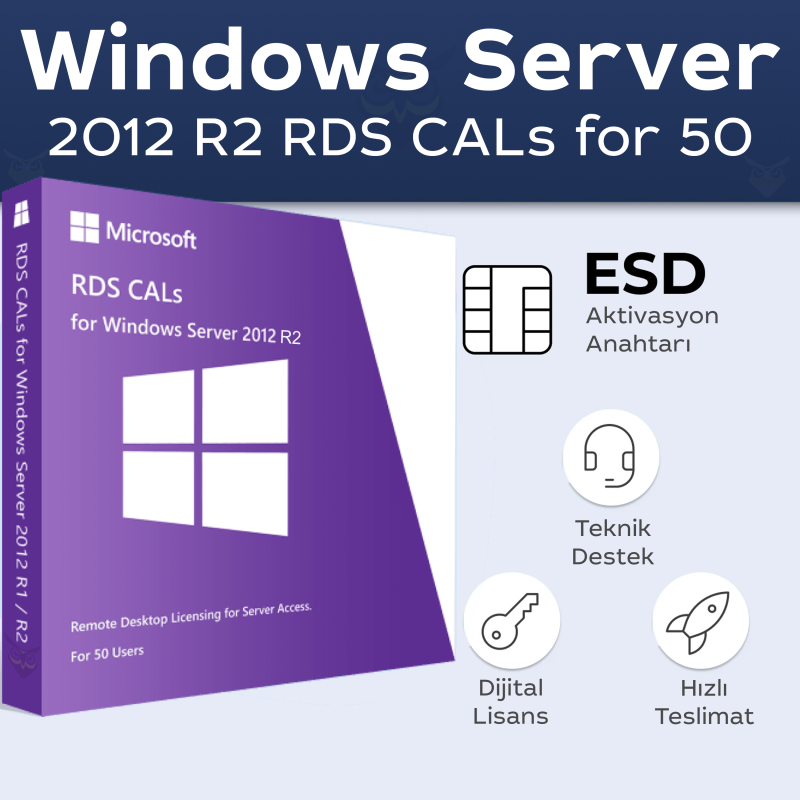 Microsoft Windows Server 2012 R2 RDS CALs 50 Kullanıcı dijital lisans anahtarı