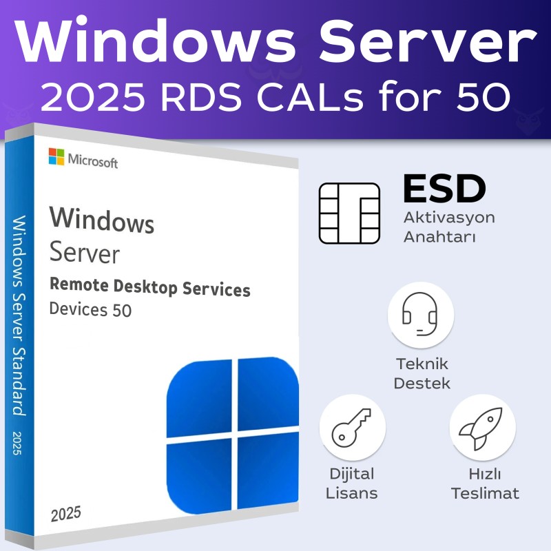 Microsoft Windows Server 2025 RDS CALs 50 Kullanıcı dijital lisans anahtarı