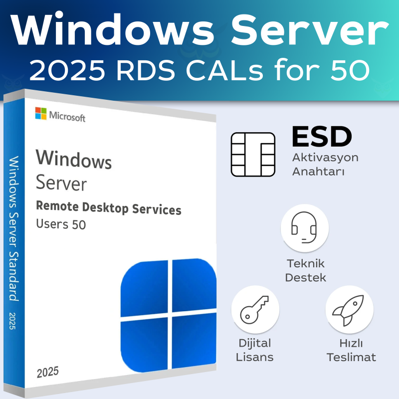 Microsoft Windows Server 2025 RDS CALs 50 Cihaz dijital lisans anahtarı